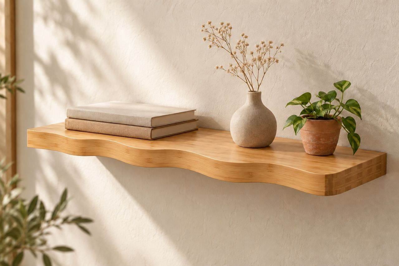 Visualisation d’une étagère en bambou au bord ondulé, avec des livres, un vase et une plante sur un mur crème